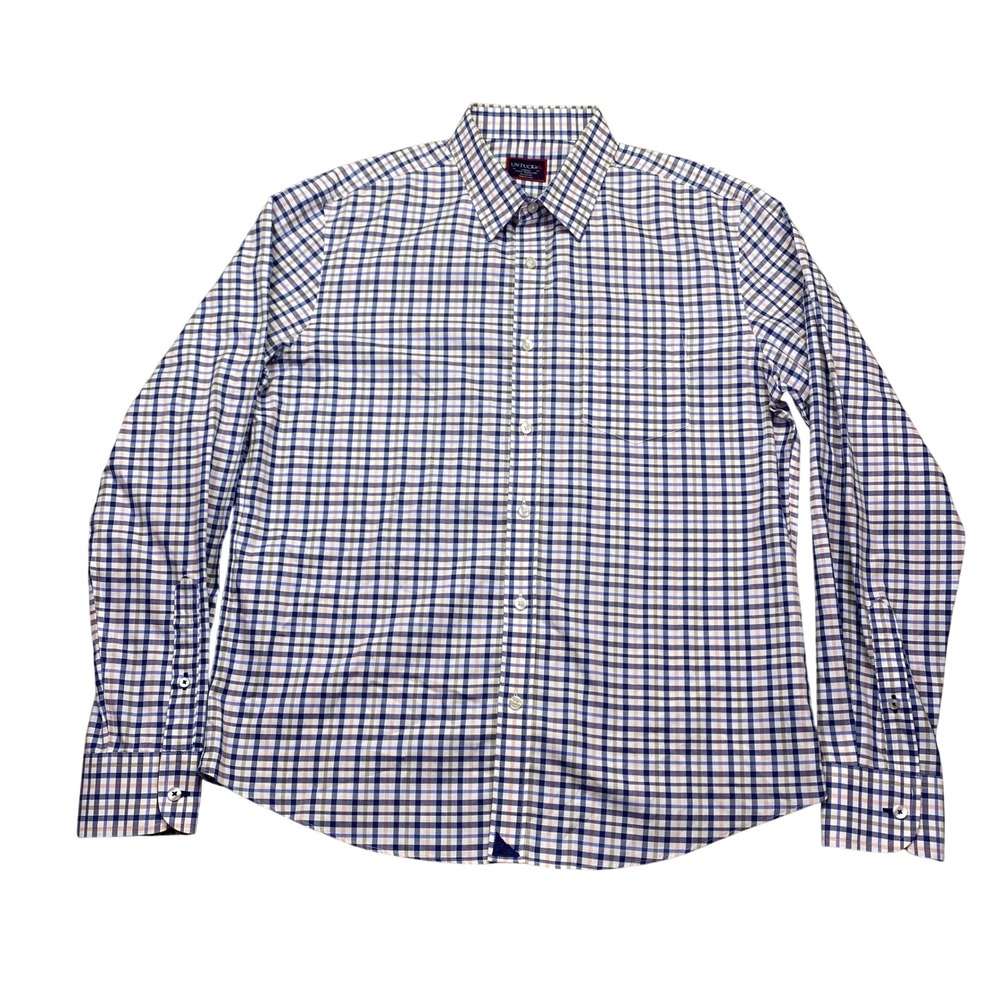 UNTUCKit Mens Slim Fit Wrinkle Free Cotton Check Button Down Shirt Blue Large